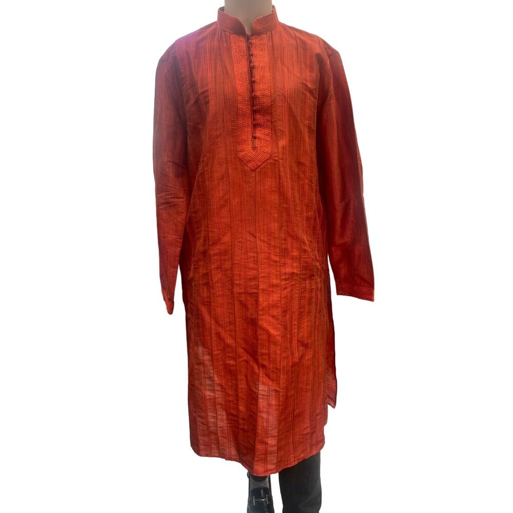 Manyavar Men's Kurta Orange Rust with Subtle Gold Stitching Size L40 SKU 1387